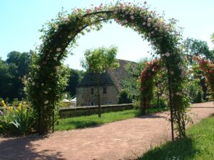 Arche rosiers blancs, Jardins de l'Abbaye de Thiron Gardais